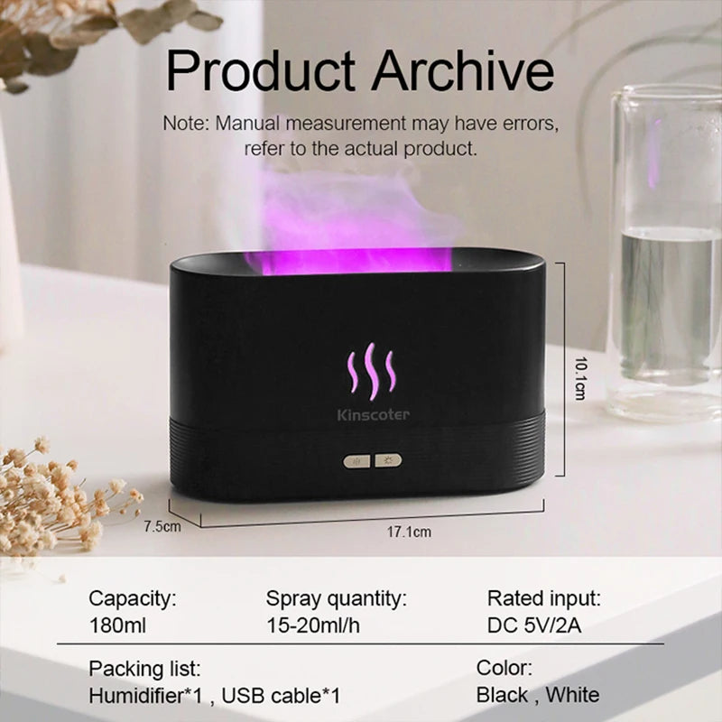 Ultrasonic Aroma Diffuser and Humidifier with LED Flame Lamp and Essential Oil Functionality